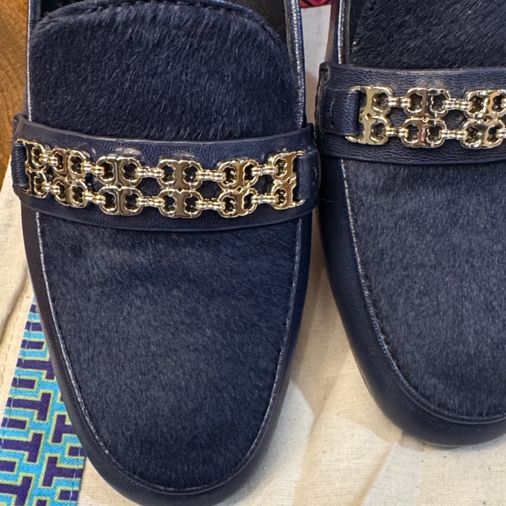 Tory Burch Royal Navy Gemini Leather/Brushed Hair  Loafers with Gold Detail - Picture 3 of 9